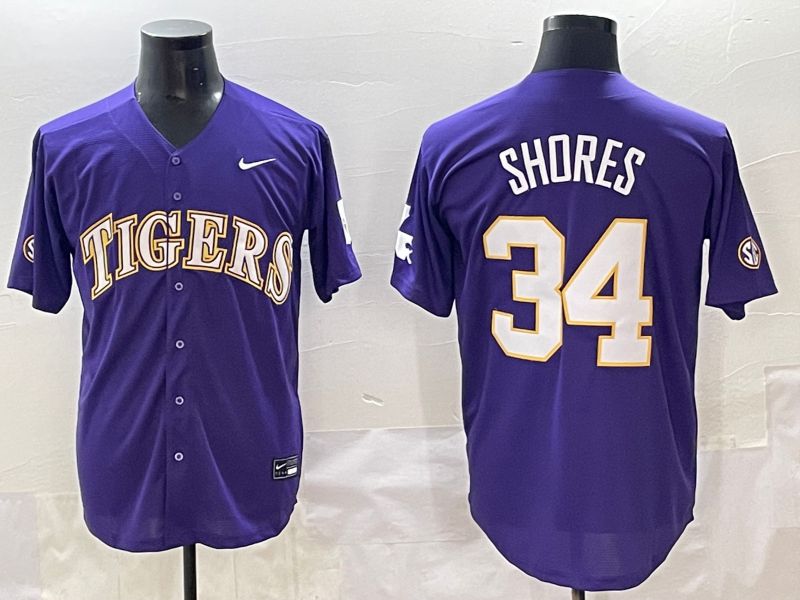 Men 2025 LSU Tigers #34 Shores Purple Joint Name Nike NCAA Jersey style 1